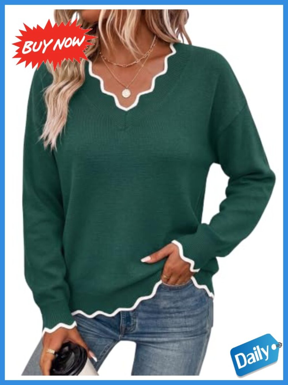 Women's Loose V Neck Long Sleeve Knit Pullover Sweater